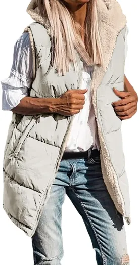 2023 Womens Fall Reversible Puffer Vests Sleeveless Fleece Jacket Zip Up Hoodie Pockets Long Warm Winter Coat Outerwear
