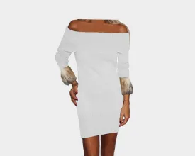 97 White and Sunset Taupe Knit Off the Shoulder Dress - The St. Moritz 97 White and Sunset Taupe Knit Off the Shoulder Dress - The St. Moritz