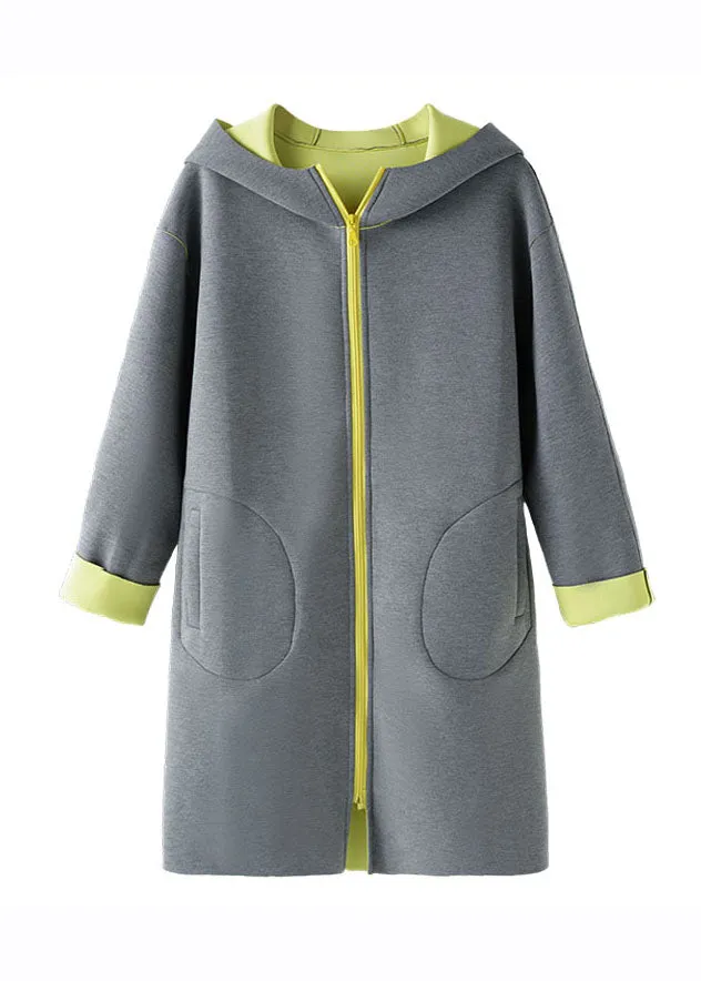 Art Dark Grey Zip Up Contrast Color Patchwork Hooded Coat Long Sleeve ML2026
