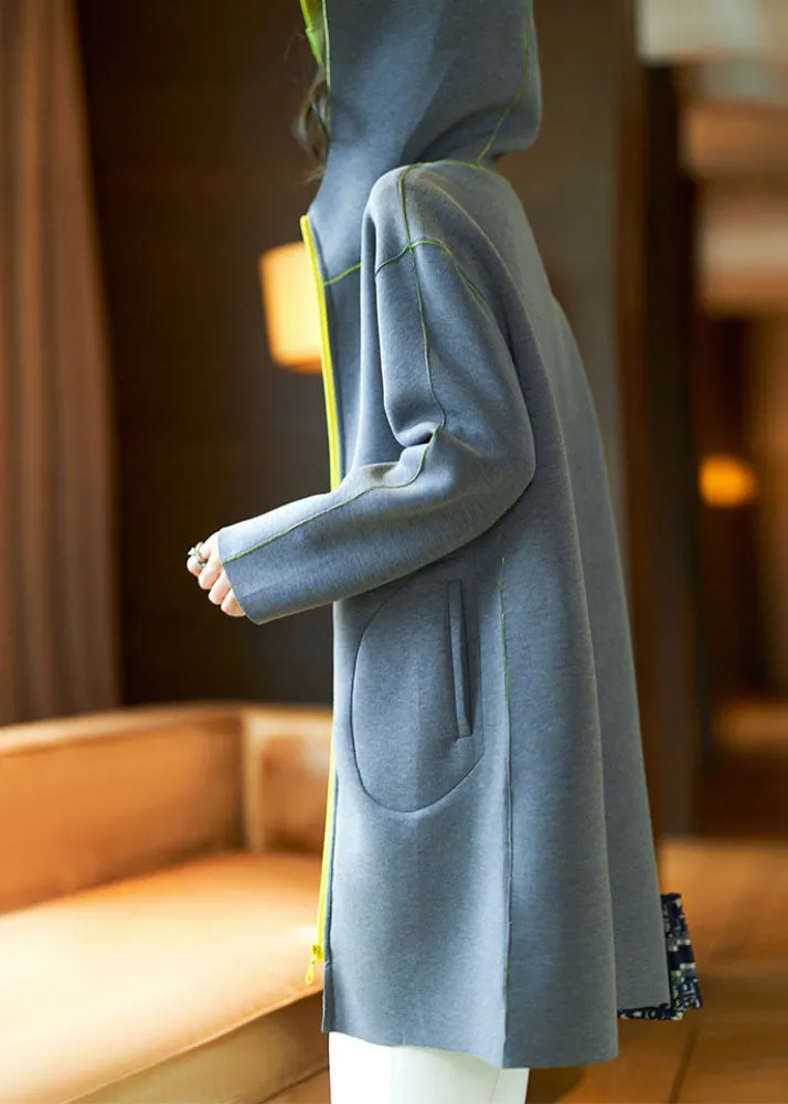 Art Dark Grey Zip Up Contrast Color Patchwork Hooded Coat Long Sleeve ML2026