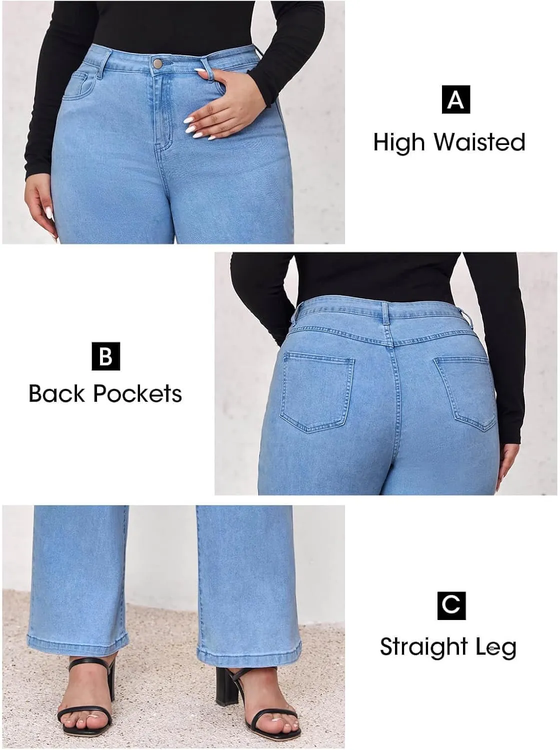 Beautife Womens Plus Size Jeans High Waisted Boyfriend Baggy Jeans Straight Leg Stretch Denim Pants