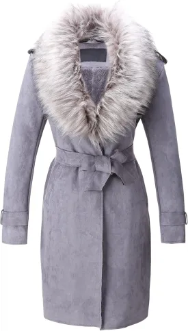 Bellivera Women Faux Leather Trench Coat Fleece-Lined Mid-length Jacket with Detachable Fur Collar