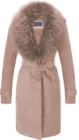 Bellivera Women Faux Leather Trench Coat Fleece-Lined Mid-length Jacket with Detachable Fur Collar
