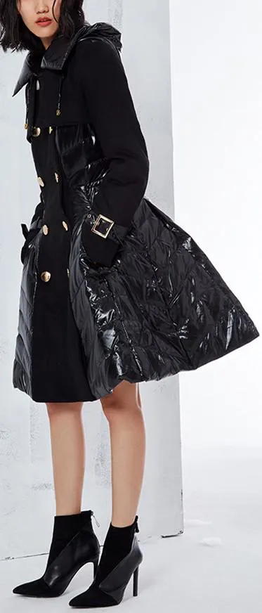 Black Flared Double-Breasted Puffer Coat