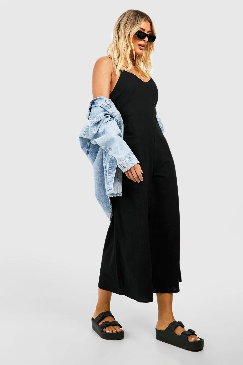 Boohoo Linen Culotte Cami Jumpsuit, Black