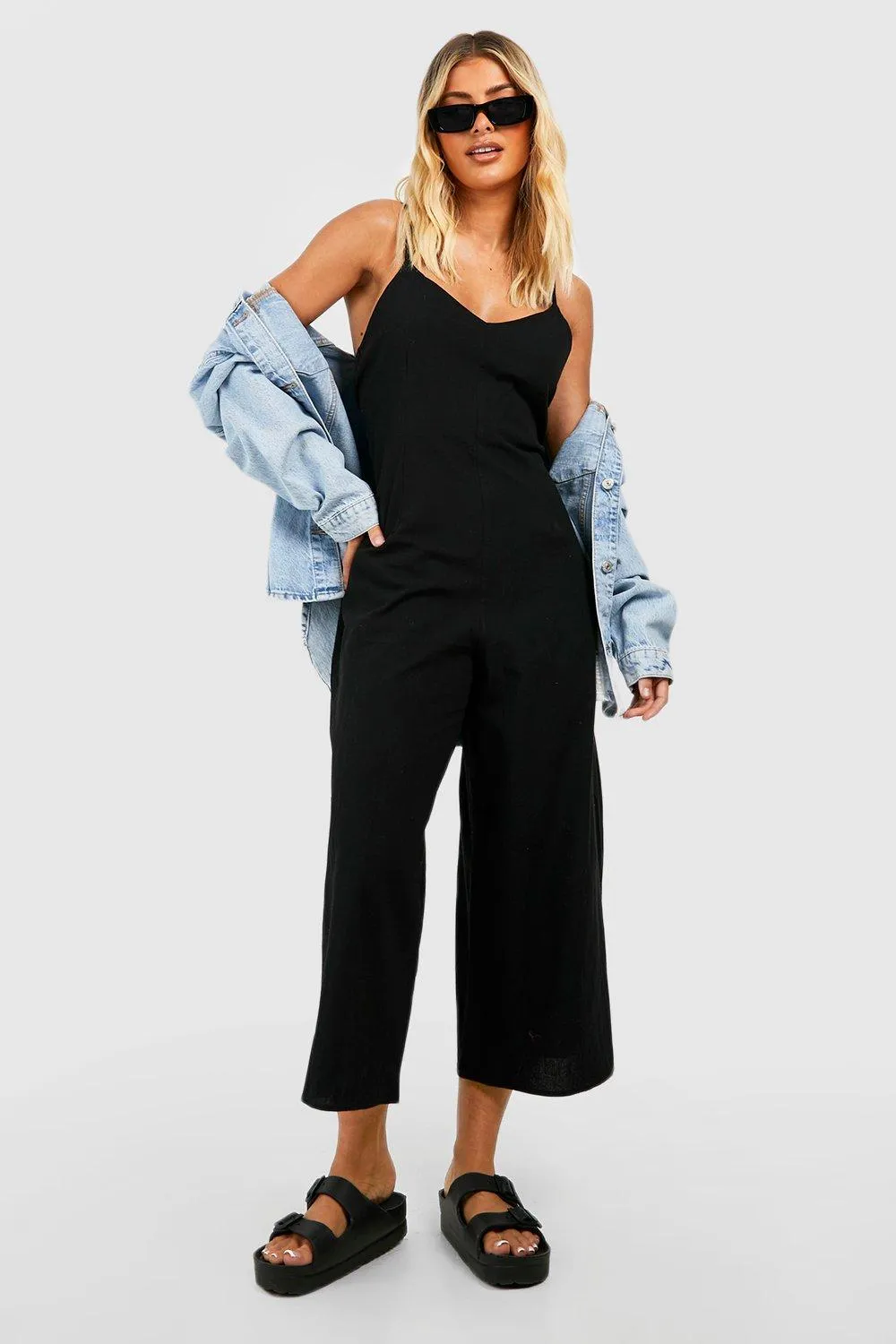 Boohoo Linen Culotte Cami Jumpsuit, Black