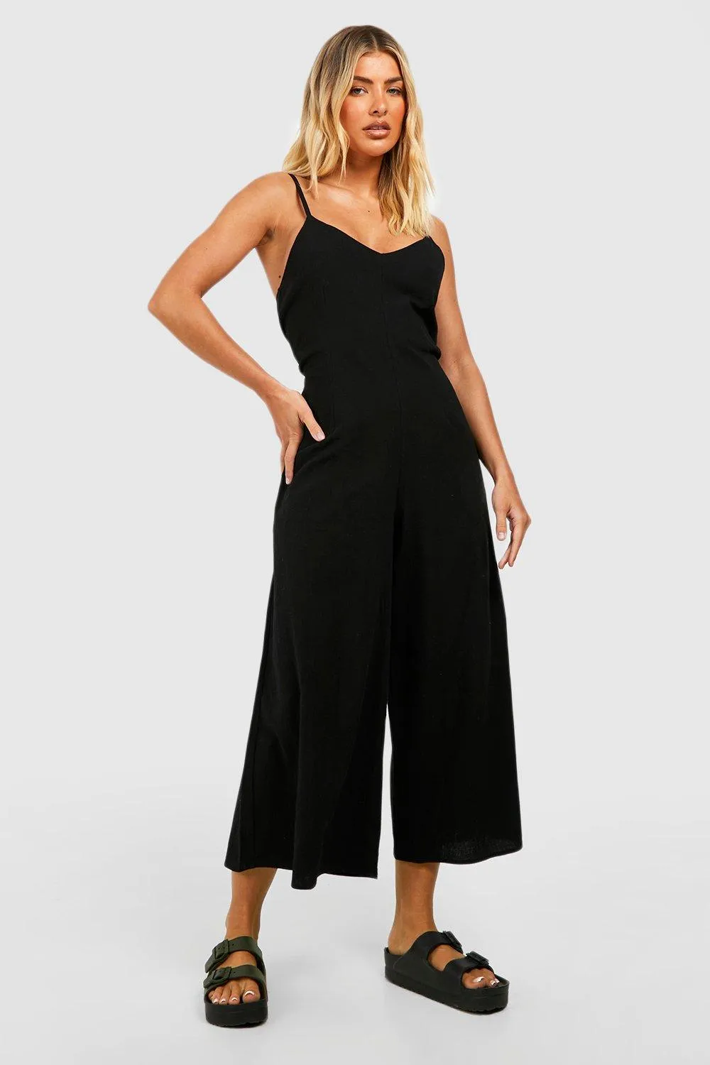Boohoo Linen Culotte Cami Jumpsuit, Black