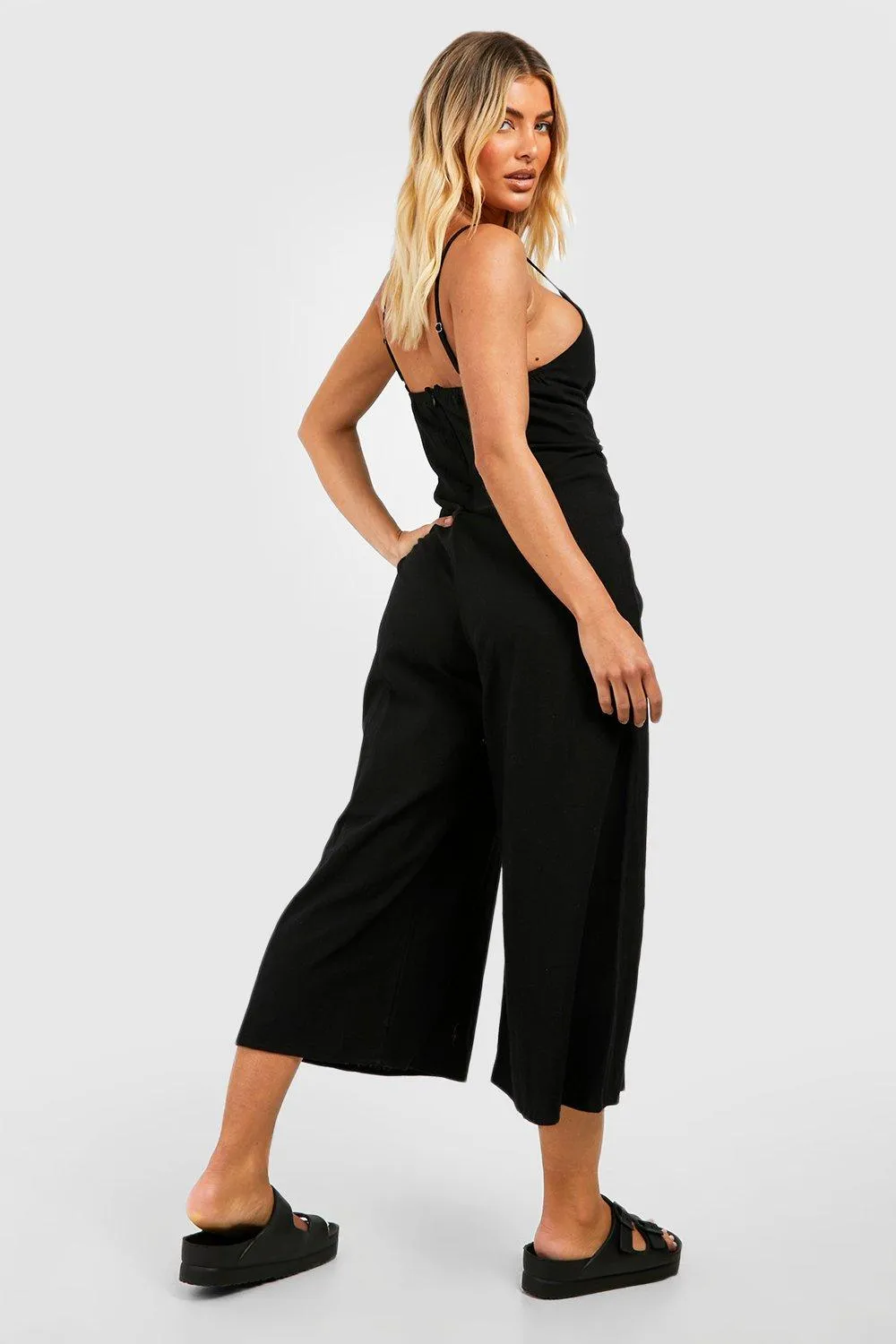 Boohoo Linen Culotte Cami Jumpsuit, Black
