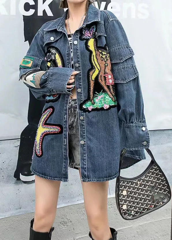 Boutique Blue Embroideried Zircon Nail Bead Patchwork Denim Coat Spring LY5220