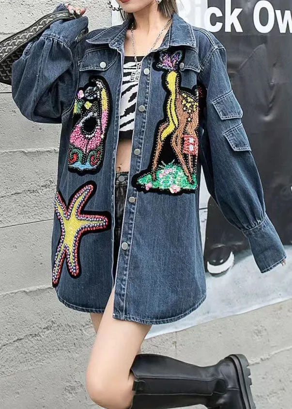 Boutique Blue Embroideried Zircon Nail Bead Patchwork Denim Coat Spring LY5220