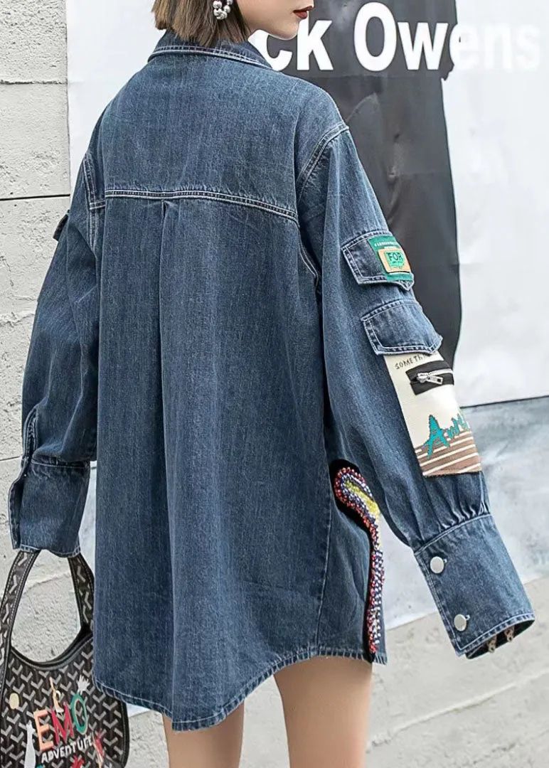 Boutique Blue Embroideried Zircon Nail Bead Patchwork Denim Coat Spring LY5220