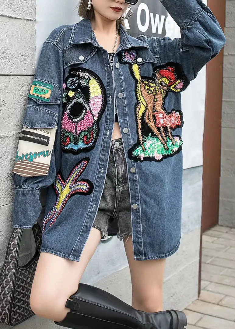 Boutique Blue Embroideried Zircon Nail Bead Patchwork Denim Coat Spring LY5220