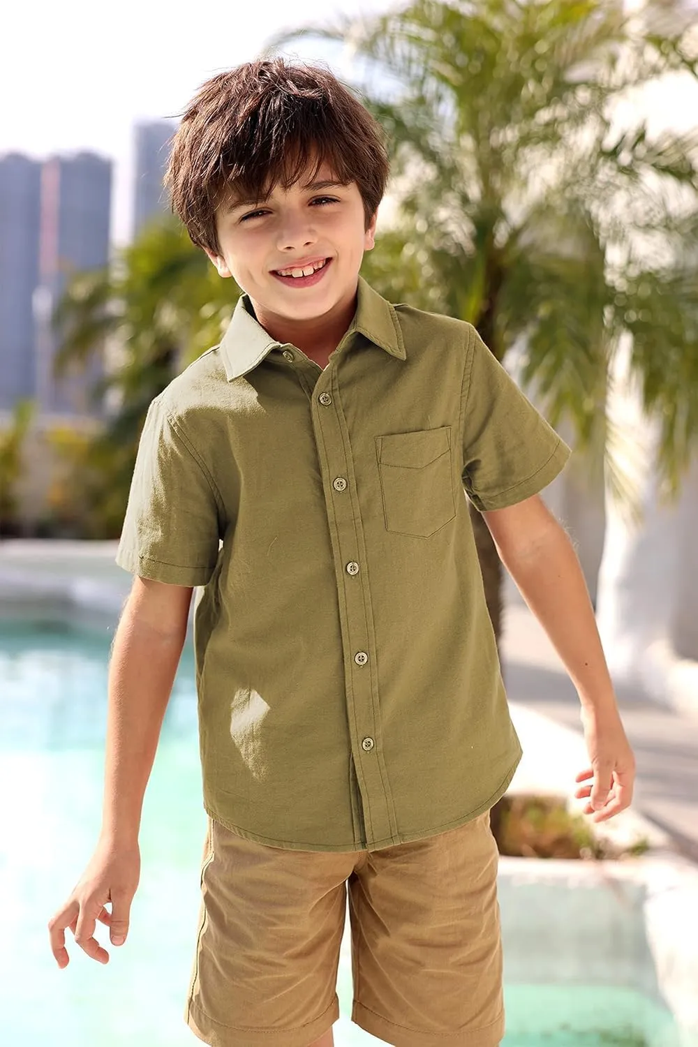 Boys' Long Sleeve Dress Shirts Classic Collared Button-Down Tshirt Solid Cotton Top with Chest Pocket