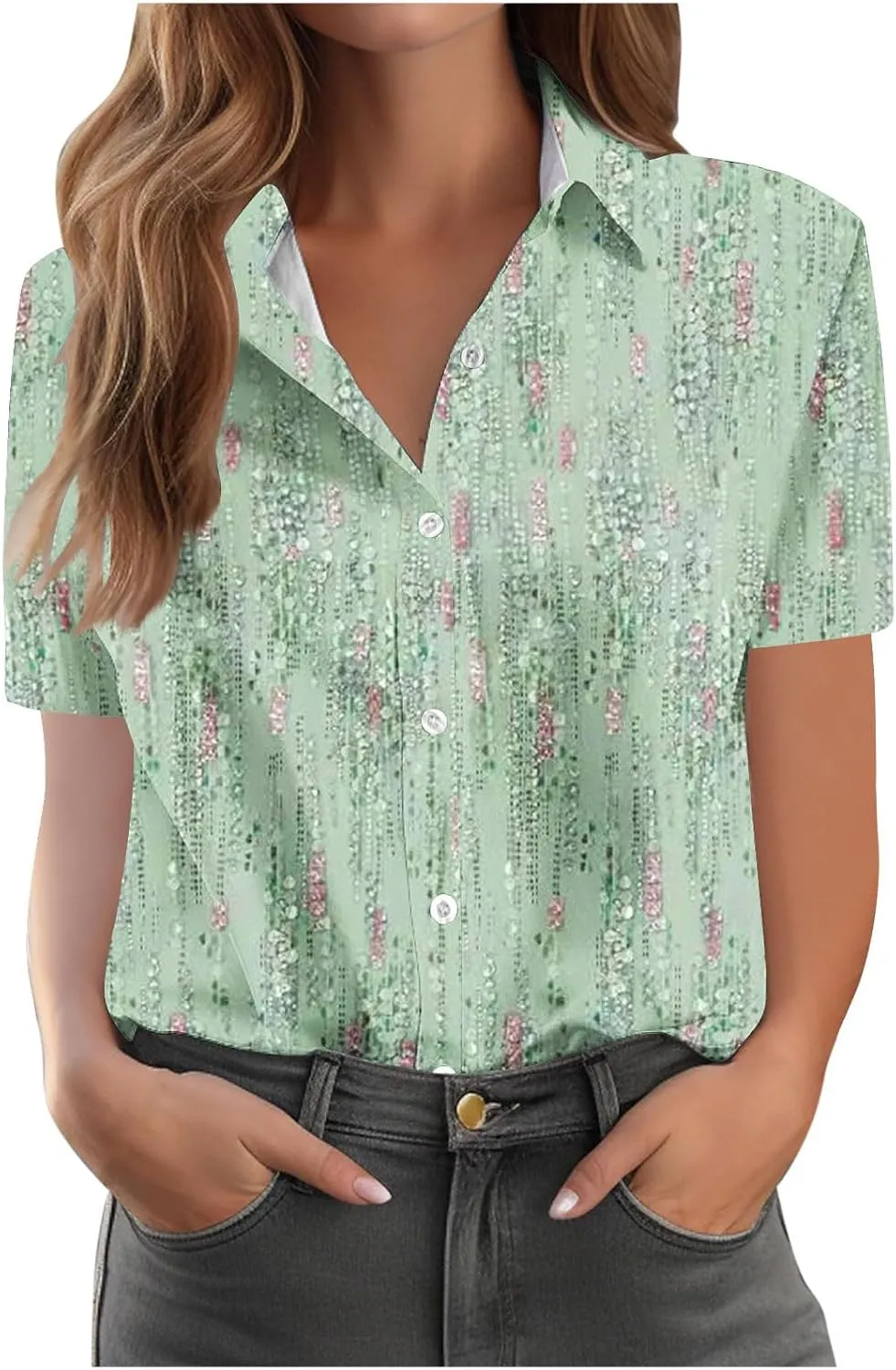 Button Down Shirts for Women Dressy Casual Short Sleeve Blouses Trendy Business Work Tops Trendy Summer Beach Outfits