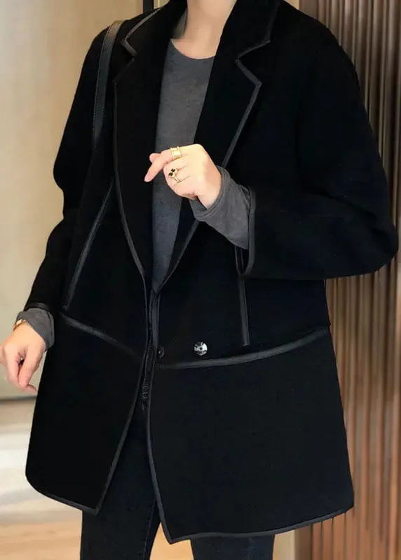 Casual Black Notched Patchwork Pockets Wool Blend Coat Fall LY8359