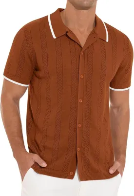 Casual Knit Shirts for Men Vintage Short Sleeve Button Down Vacation T-Shirts Summer Stretch Fit Textured Beach Tops