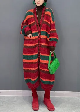 Casual Red Striped V Neck Button Patchwork Knit Coat Fall ML1461