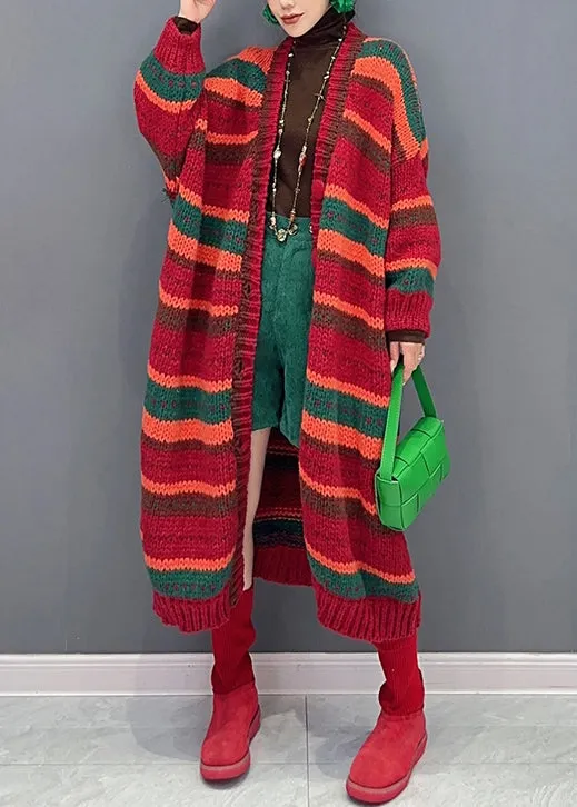 Casual Red Striped V Neck Button Patchwork Knit Coat Fall ML1461