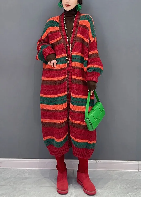 Casual Red Striped V Neck Button Patchwork Knit Coat Fall ML1461
