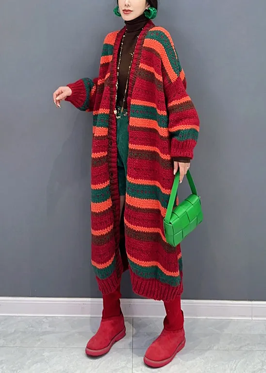 Casual Red Striped V Neck Button Patchwork Knit Coat Fall ML1461