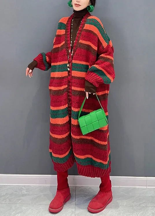 Casual Red Striped V Neck Button Patchwork Knit Coat Fall ML1461