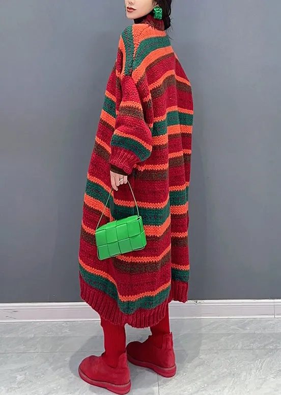 Casual Red Striped V Neck Button Patchwork Knit Coat Fall ML1461