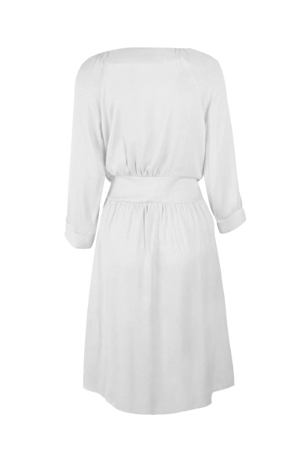 Casual Solid Color V Neck Three-quarter Sleeve Button Lace-Up Midi Dress