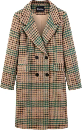 CHARTOU Women's Winter Oversize Lapel Collar Woolen Plaid Double Breasted Long Peacoat Jacket