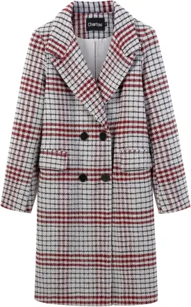 CHARTOU Women's Winter Oversize Lapel Collar Woolen Plaid Double Breasted Long Peacoat Jacket