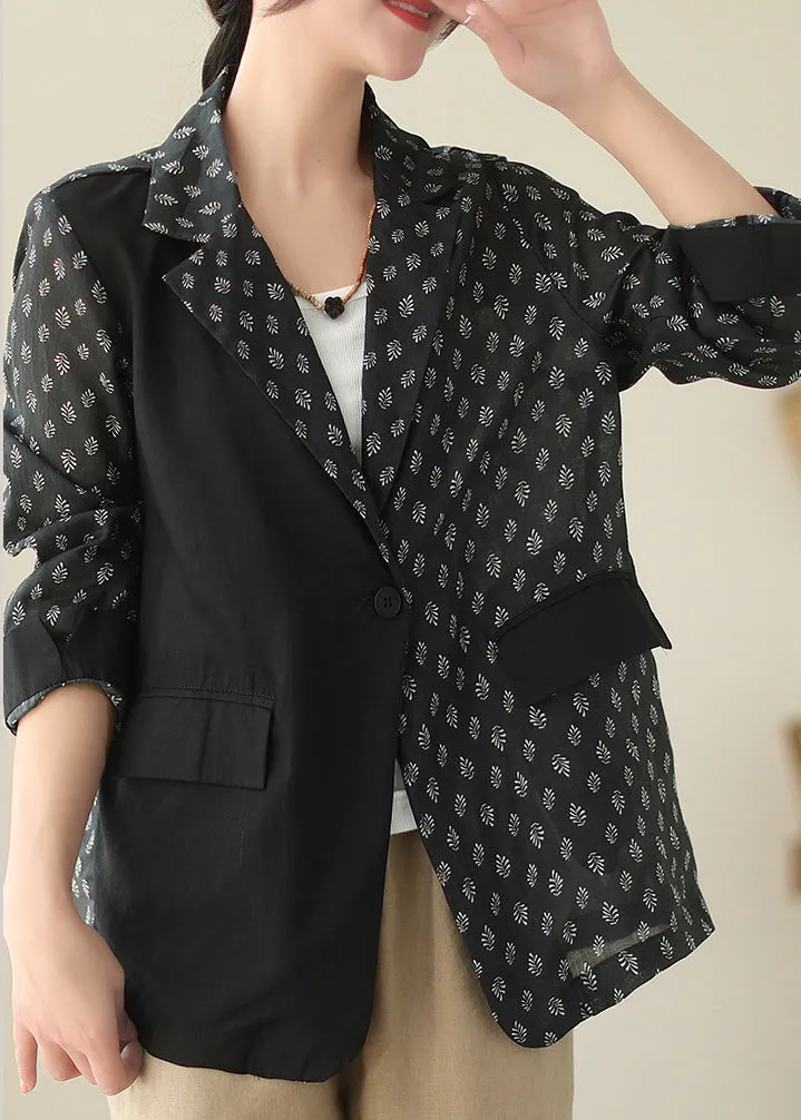 Chic Black Patchwork Button Ramie Coat Spring LY5081