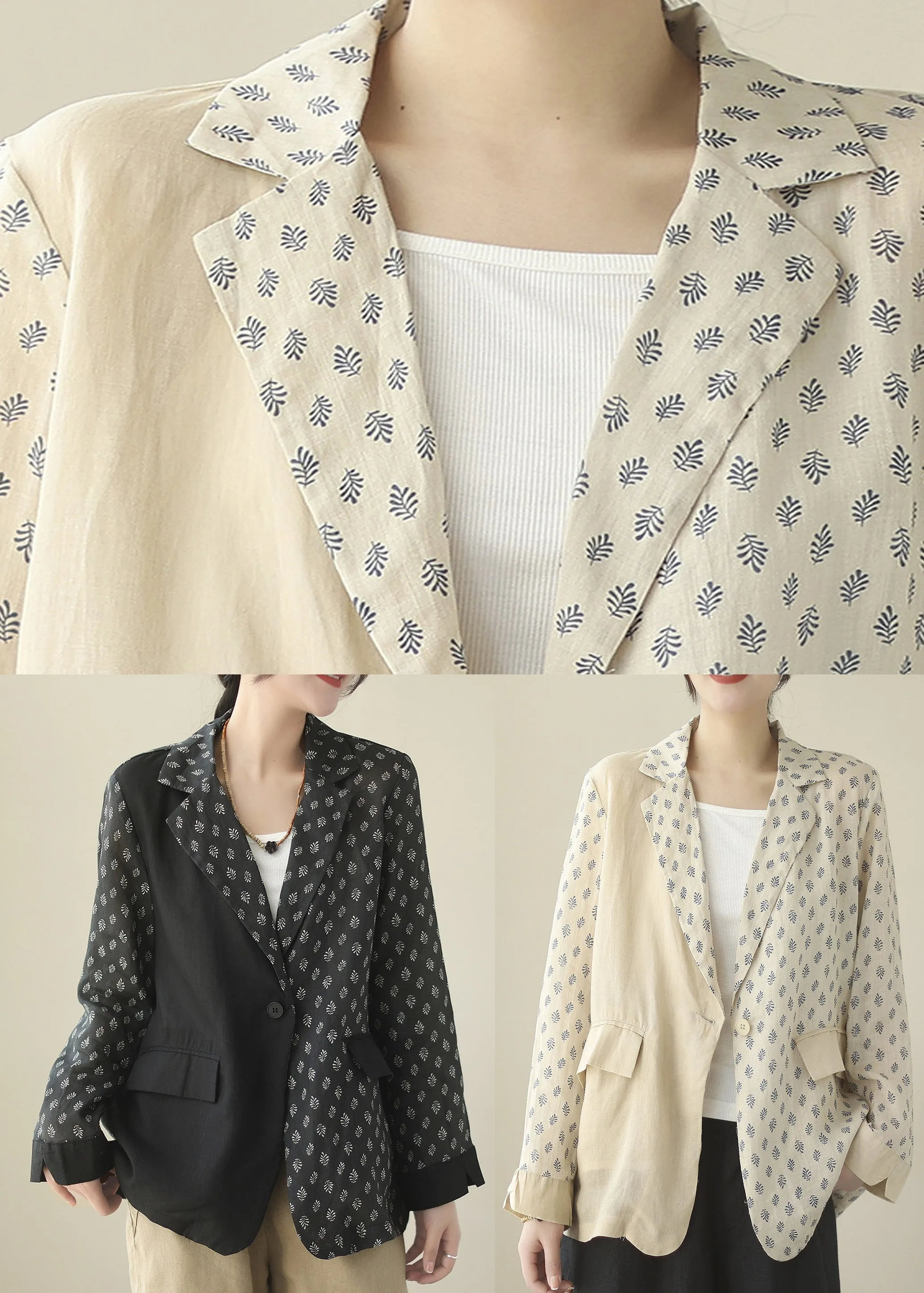 Chic Black Patchwork Button Ramie Coat Spring LY5081