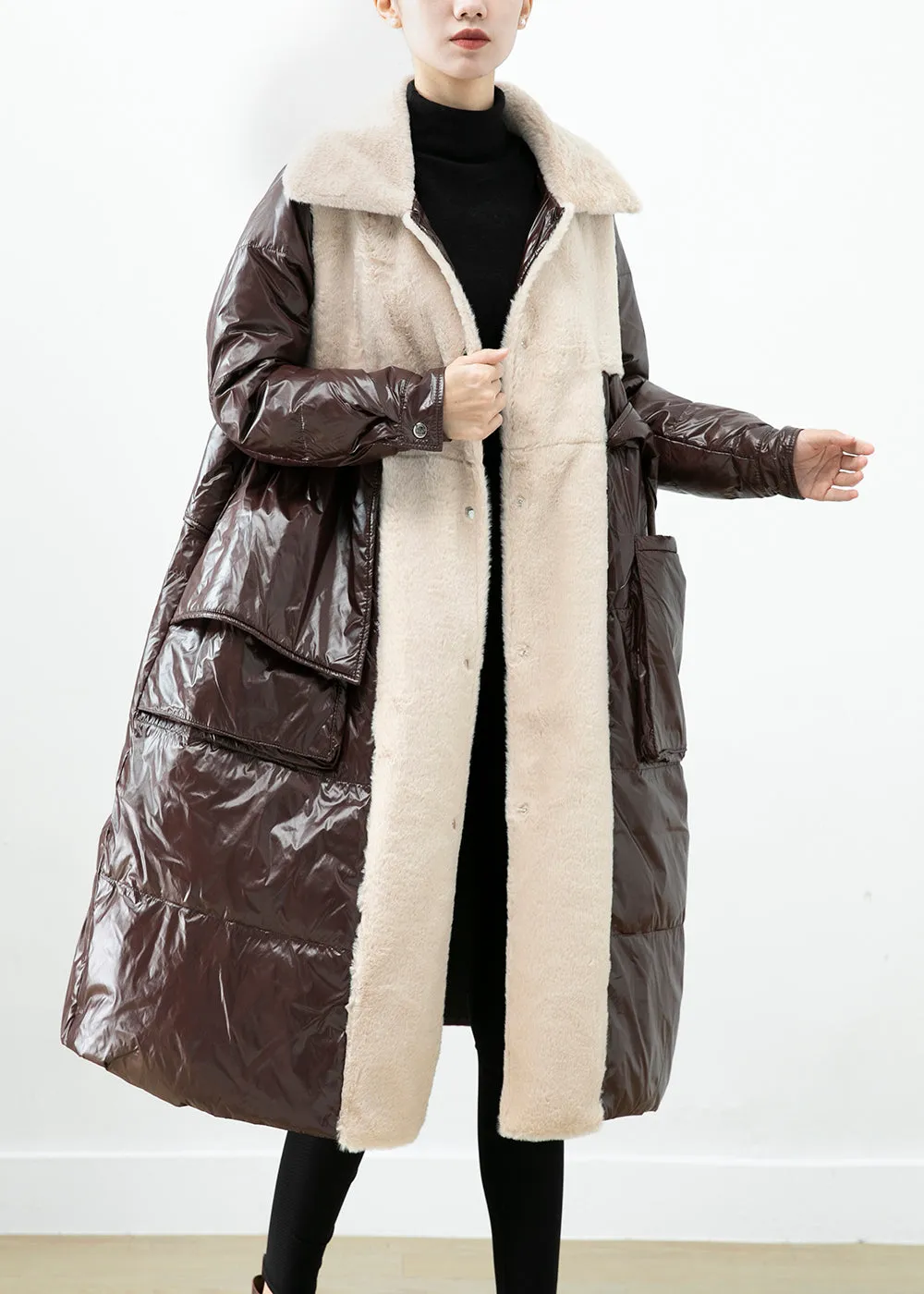 Chocolate Patchwork Mink Velvet Duck Down Down Coat Oversized Winter ML2493
