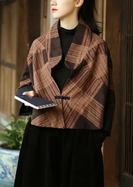Coffee Button Patchwork Cotton Coat Stand Collar Long Sleeve ML0090