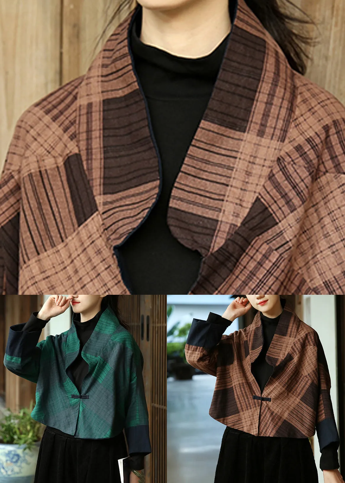 Coffee Button Patchwork Cotton Coat Stand Collar Long Sleeve ML0090
