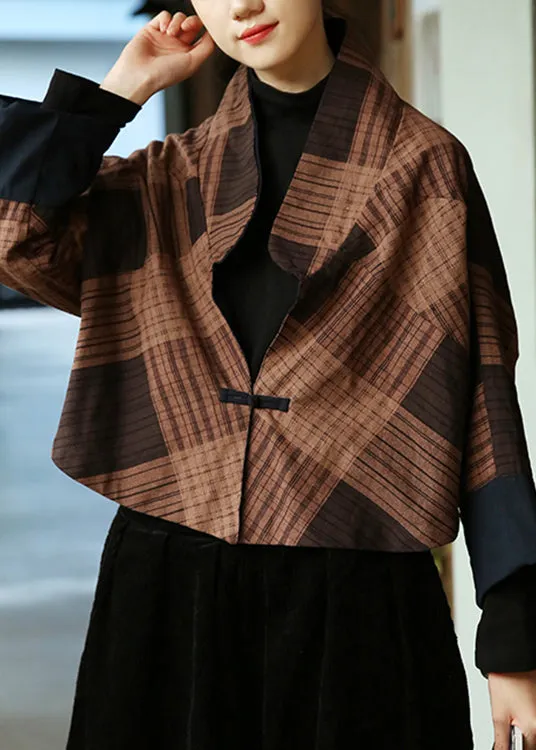 Coffee Button Patchwork Cotton Coat Stand Collar Long Sleeve ML0090