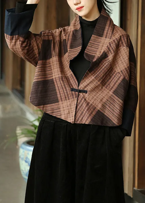 Coffee Button Patchwork Cotton Coat Stand Collar Long Sleeve ML0090
