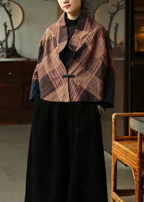 Coffee Button Patchwork Cotton Coat Stand Collar Long Sleeve ML0090