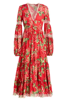 Cotton Slub Button Down Dress in Red Roses Combo