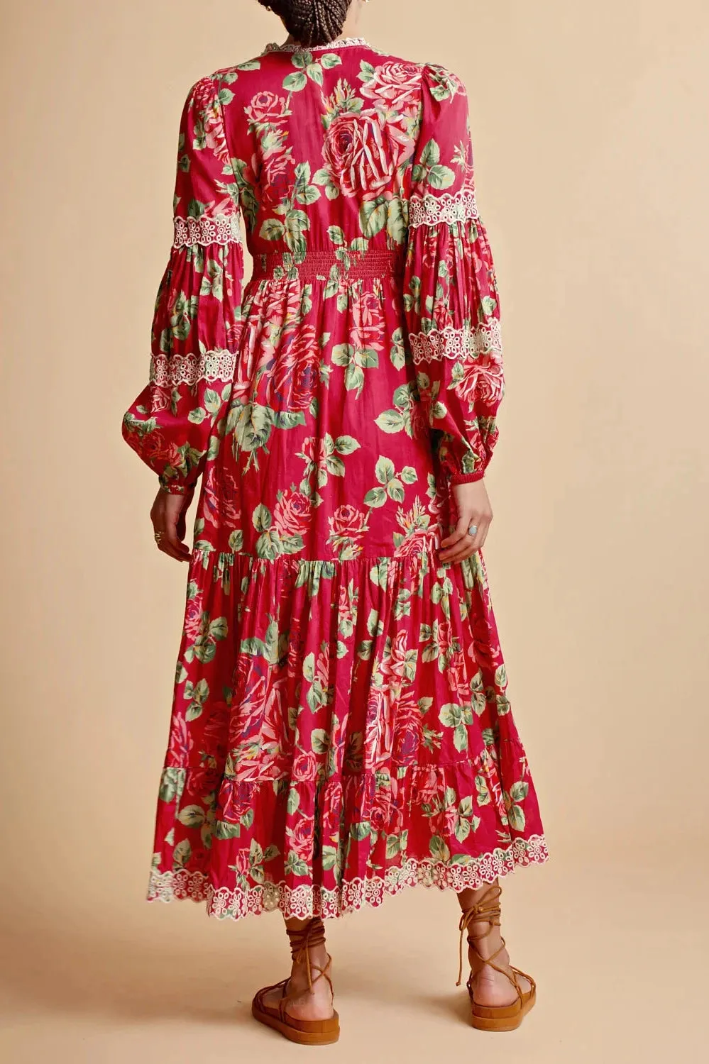 Cotton Slub Button Down Dress in Red Roses Combo