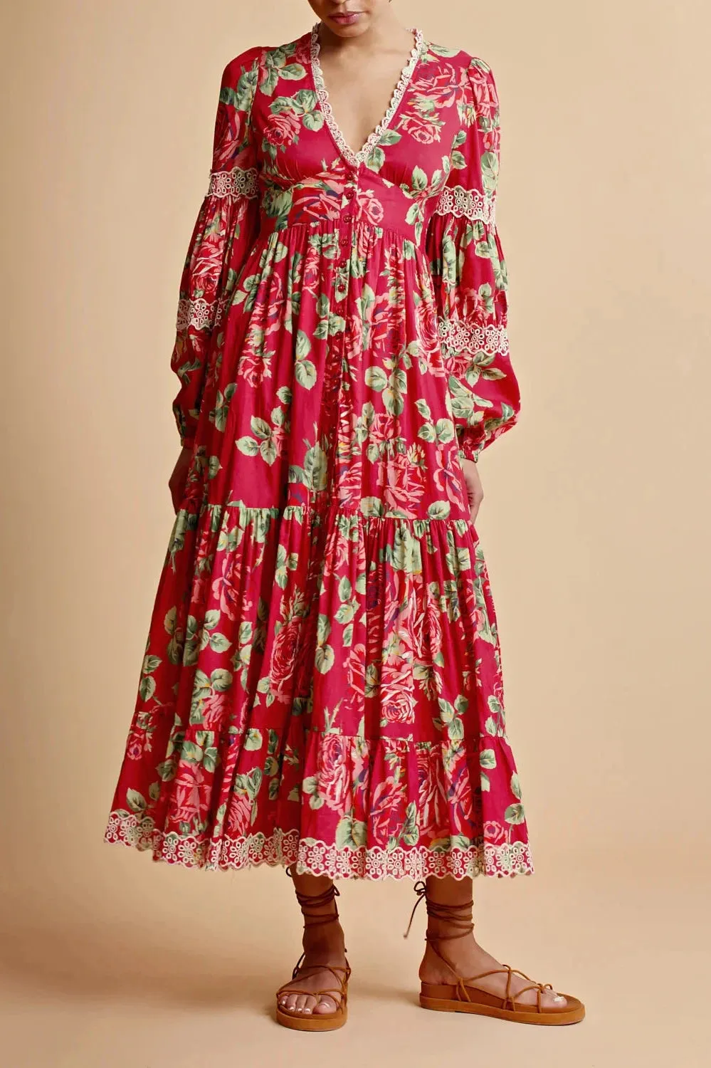 Cotton Slub Button Down Dress in Red Roses Combo