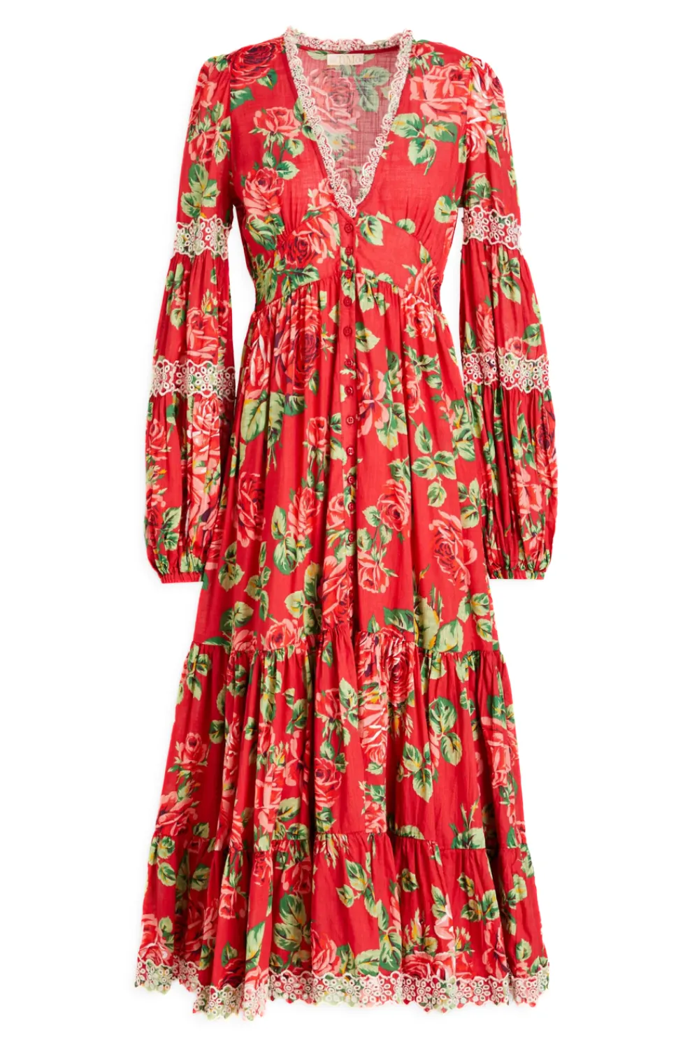 Cotton Slub Button Down Dress in Red Roses Combo