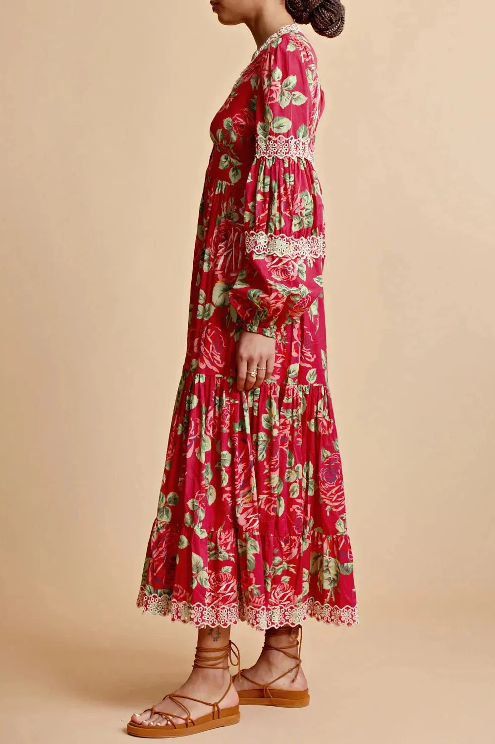 Cotton Slub Button Down Dress in Red Roses Combo