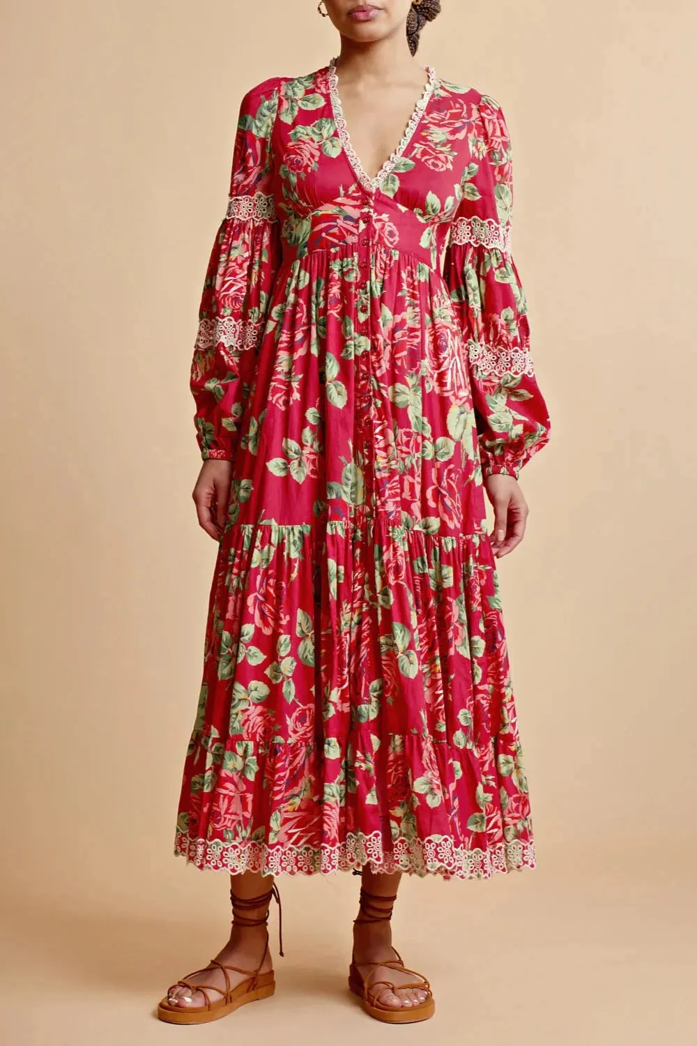 Cotton Slub Button Down Dress in Red Roses Combo