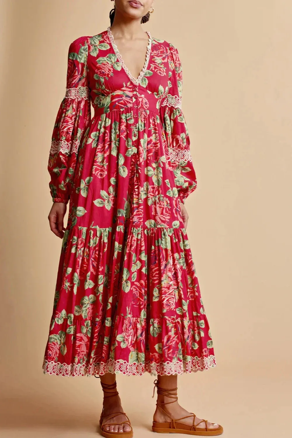 Cotton Slub Button Down Dress in Red Roses Combo