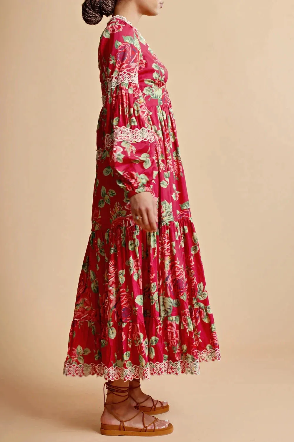 Cotton Slub Button Down Dress in Red Roses Combo