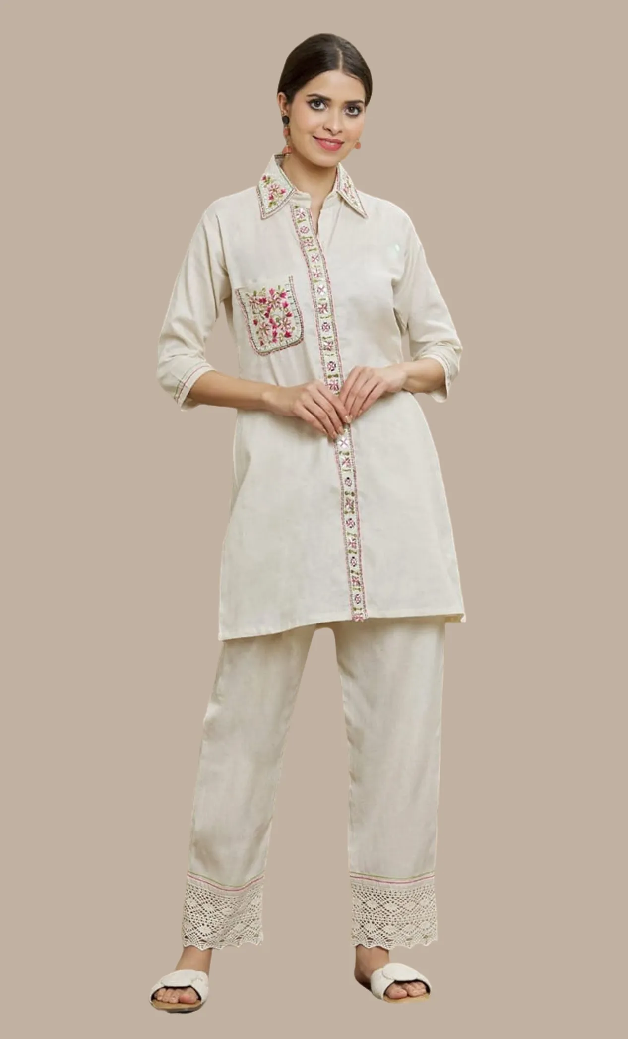 Cream Embroidered Fusion Kurti & Pants