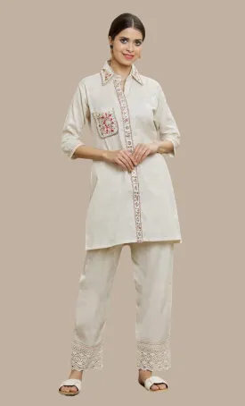 Cream Embroidered Fusion Kurti & Pants