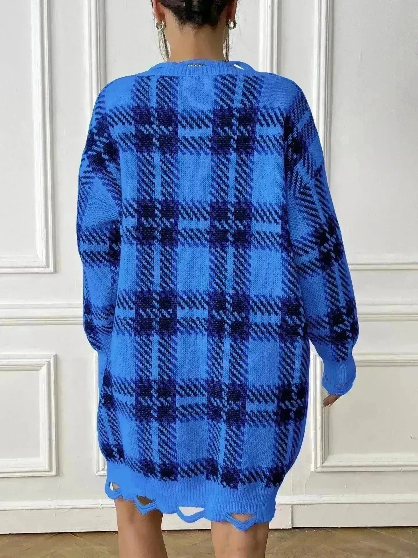 Deer Plush V-neck Long Sleeve Plaid Winter Jumper Mini dress
