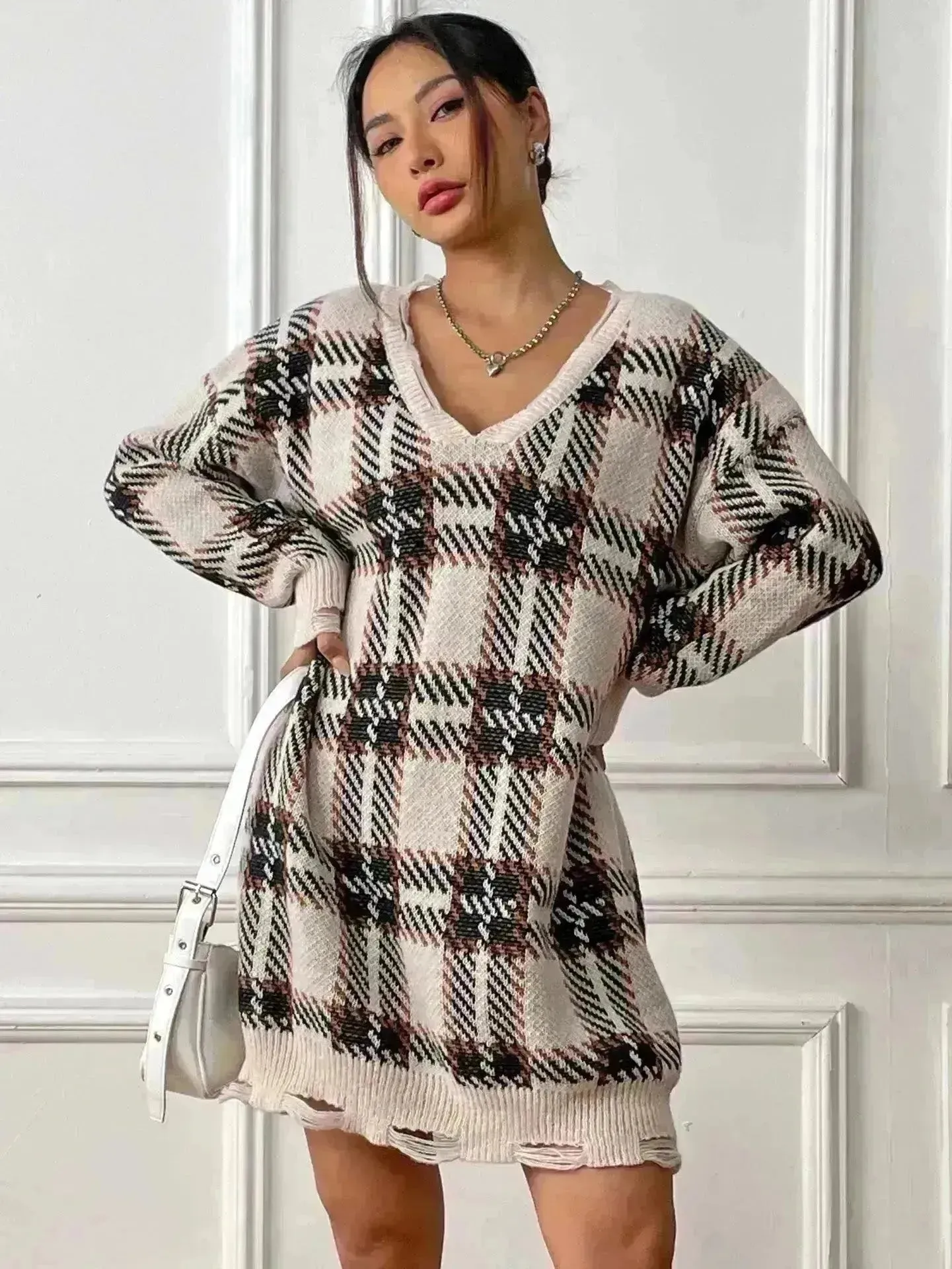 Deer Plush V-neck Long Sleeve Plaid Winter Jumper Mini dress