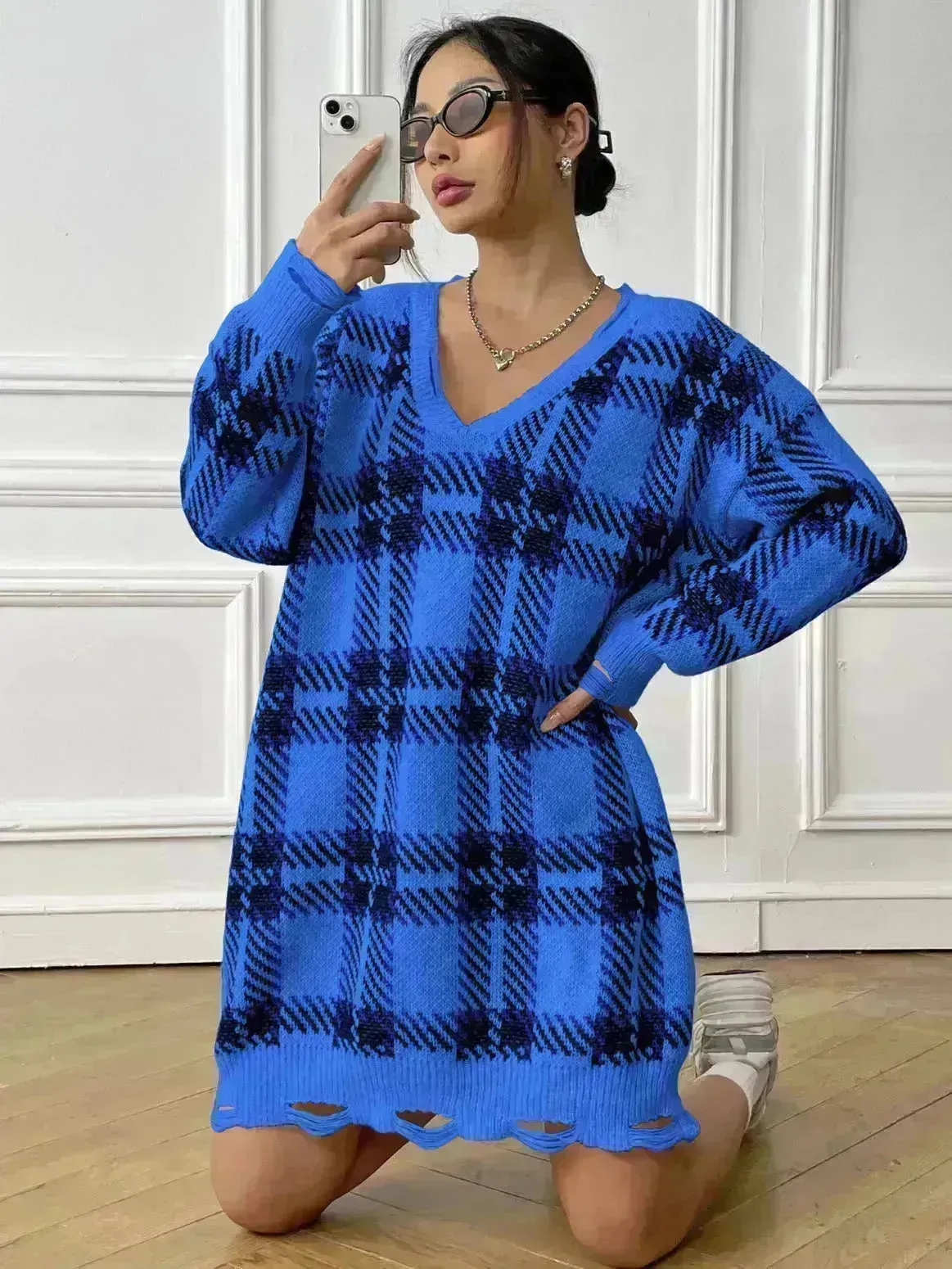 Deer Plush V-neck Long Sleeve Plaid Winter Jumper Mini dress